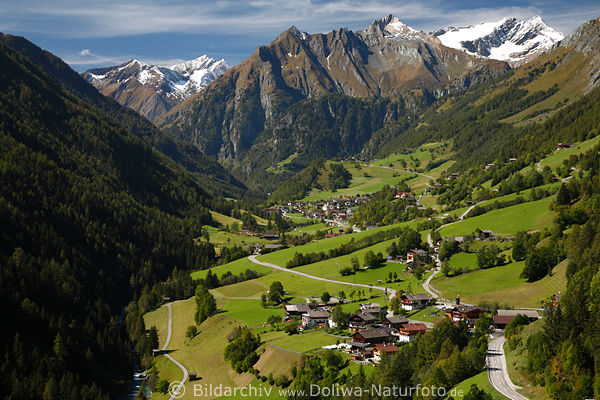 Prgraten Iseltal Ferienorte in Alpenpanorama Landschaftsbild unter Grovenediger Gipfel mit Schnee