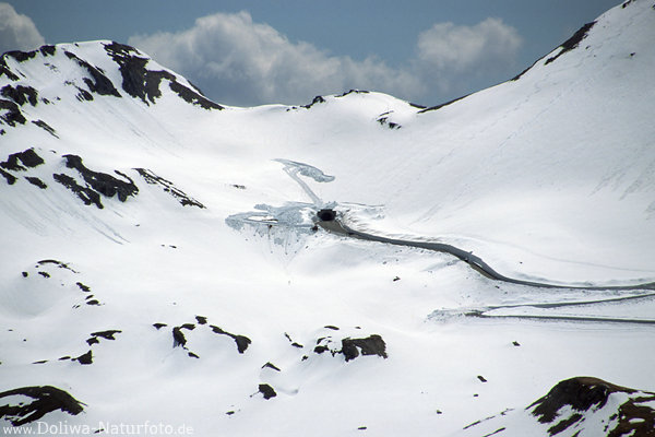 Tauerntunnel AlpenBergpass Autoweg im Schnee Groglockner-Hochalpenstrae