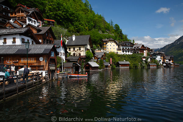 Hallstatt Bergseeufer Bootshtten Wohnhuser am See Berghang Wassertafel Reisefoto
