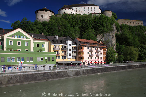 Kufstein Innufer Gasthuser am Flu Wasser unter Burg Festung Panorama