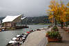 812604_ Alpsee Musik-Pavillon Foto am Seeufer und Boote im Hafen an Seestrasse Herbstbild Allgu Reise