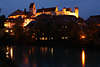 812376_ Fssen Hohes Schloss Foto bei Nacht in Allgu, Schloburg Nachtlichter Spiegelung im Lech Fluss