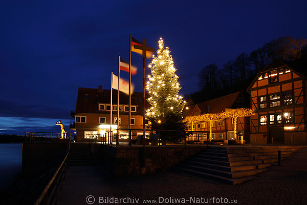 Ruferplatz Lauenburg Elbe Nachtpanorama mit Altstadt Weihnachtsbaum
