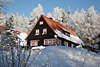 101081_Winteridylle in Bergdorf Schierke am Nationalpark Harz Huser Winterbild im Sonnenschein am Brockenurwald