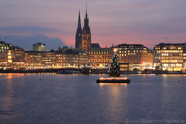 Hamburg Alstersee-Tanne Weihnachtsbaum Wasser City-Skyline Adventlichter