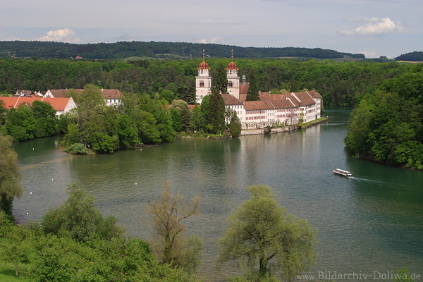 Kloster Rheinau Insel Wasserschleife des Rheins Schiff grne Flussufer