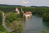 Kloster Rheinau Insel in Rhein-Wasserschleife grne Flussufer Naturbild mit Schiff