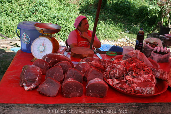Thai Verkuferin Marktstand mit Fleisch Rohfleisch Sorten auf Tisch thailndisches Marktfoto
