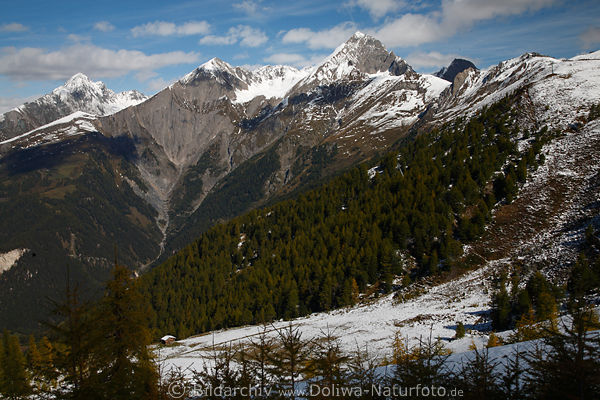 Gipfeltrio Panorama Bild Berghnge ber Htte an Skipiste in Alpenlandschaft Naturfoto