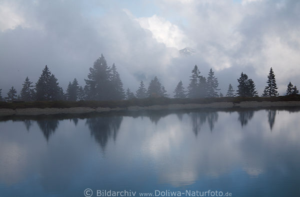 Kaltwassersee unheimliche Nebelstimmung Berge Bume Wolken Seeufer Spiegelung
