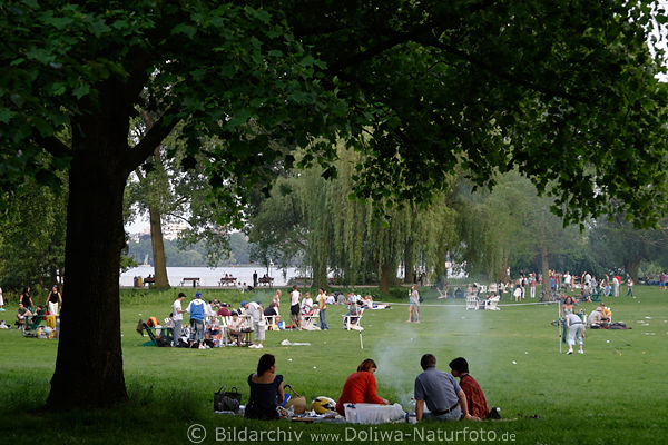 Hamburger Park Alsterwiese Picknick Familientreffen Menschen-Gruppen relaxen