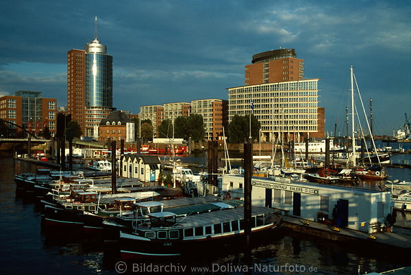 Hamburger Hafen in Abendsonne Lichtstimmung Barkassen Boote vor Rundhaus HafenCity-Skyline Hochhuser Panorama an Elbe