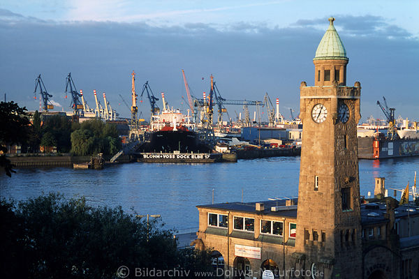 Hafenturm Landungsbrcken in Morgensonne Foto vor Elbe Werft Blohm+Voss Trockendock mit Schiff