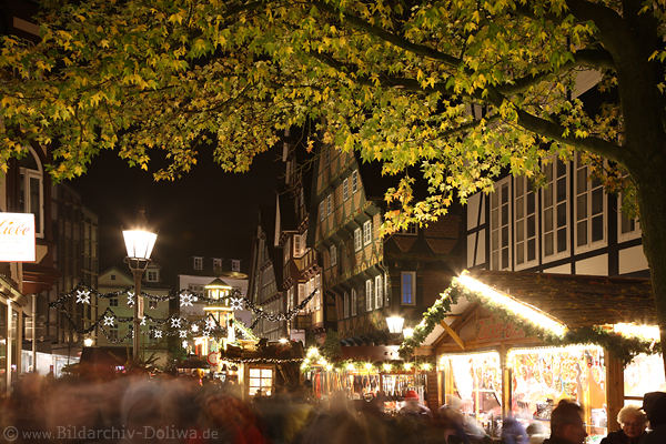 Celle Weihnachtsmarkt-Gasse Nachtfoto Altstadtallee unter Baum historische Fachwerkhäuser Adventlichter