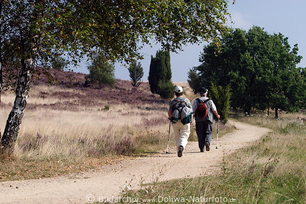 Wanderer Paar mit Stcken, Foto auf Heidepfad, Marsch zum Wilseder Berg
