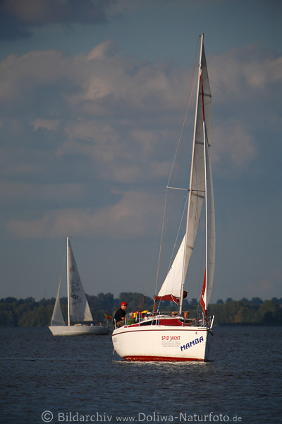 Segelboot Mamba Hochmast auf Wasser Masuren-See-Landschaft Mazury Segler zagle jachten in Ostpreussen Seenplatte