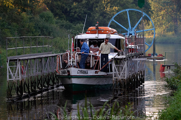 Ermlndischer Kanal Wasser-Schiff Cyranka im Frderwagen Geneigter Ebene Touristenfahrt